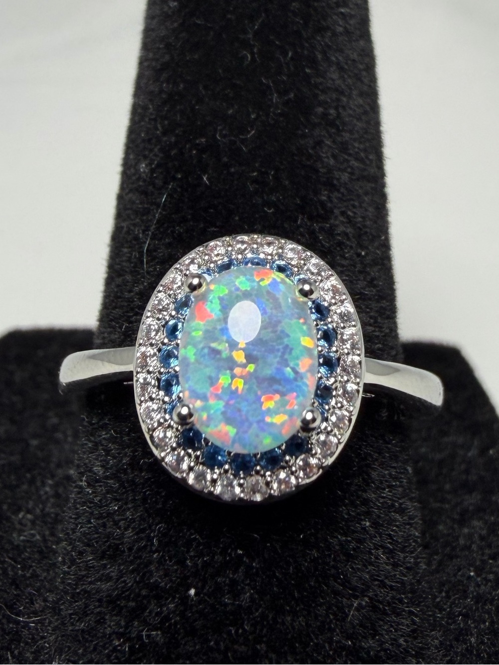 Natural Opal & Sapphire Double Halo Ring 0.86ctw 46 Stones Sterling Silver Sz 8